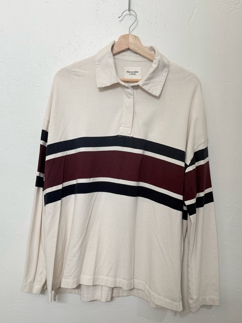 Abercrombie & Fitch Cream Rugby Polo with Burgundy & Navy Stripes
